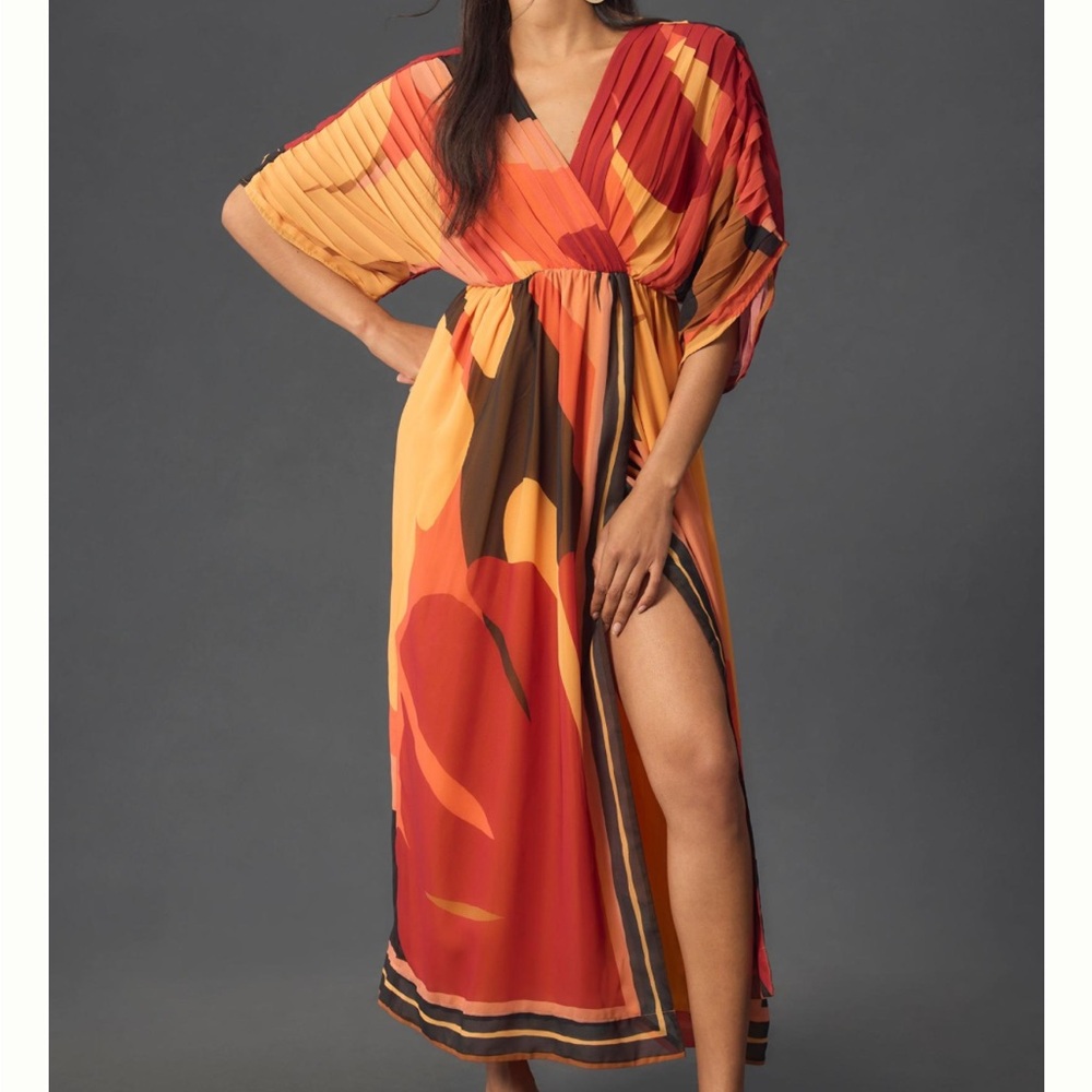 Farm Rio Orange Abstract Pleated Short-Sleeve Wrap-Front Maxi Dress Size XS NWT